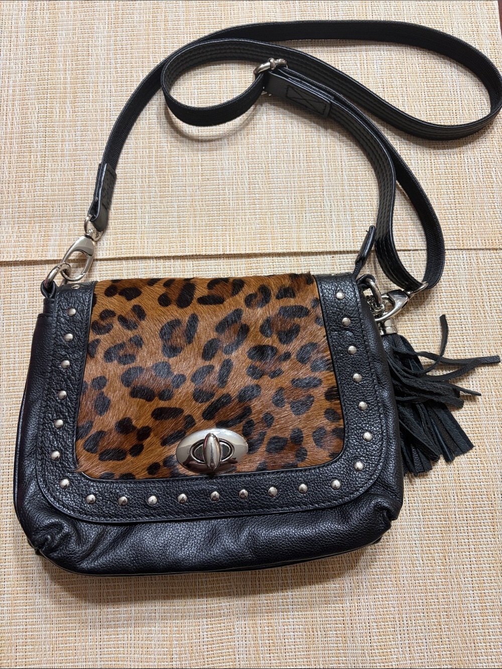 Black Leather Crossbody with Leopard Haircalf Flap CCW Approved